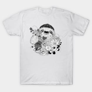 Drawing of a sloth with lush flowers T-Shirt